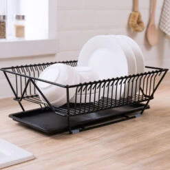 Livingandhome Dish Storage Rack With Drip Tray, Black