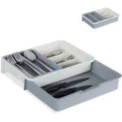 Relaxdays Cutlery Tray, Extendable, 7 Compartments For Silverware & Kitchen Utensils, HWD 6x23.5x31.5 Cm, Grey