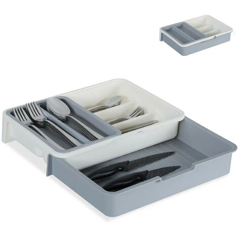 Relaxdays Cutlery Tray, Extendable, 7 Compartments For Silverware & Kitchen Utensils, HWD 6x23.5x31.5 Cm, Grey