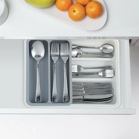 Relaxdays Cutlery Tray, Extendable, 7 Compartments For Silverware & Kitchen Utensils, HWD 6x23.5x31.5 Cm, Grey - Image 2