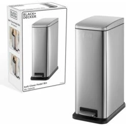 BLACK+DECKER BXBN0004GB 20L Slimline Pedal Bin With Soft Close Lid, Stainless Steel, 39.5 X 25 X 63.5 Cm, Cool Grey