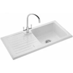 Rangemaster Rustic Kitchen Sink Single Bowl White Ceramic Inset Reversible Waste