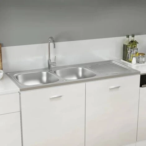Kitchen Sink With Double Sinks Silver 1200x600x155 Mm Stainless Steel VidaXL - Image 2