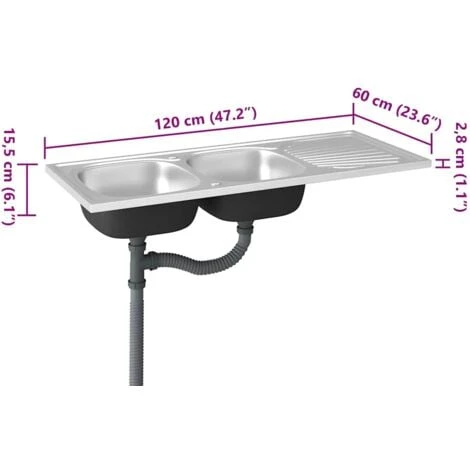 Kitchen Sink With Double Sinks Silver 1200x600x155 Mm Stainless Steel VidaXL - Image 3