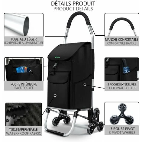 VOUNOT Folding Shopping Trolley On 6 Wheels, Aluminium Lightweight Shopping Cart, 45L, Black - Image 2