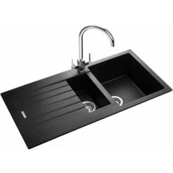 Rangemaster Andesite Kitchen Sink 1.5 Bowl Black Granite Inset Reversible Waste