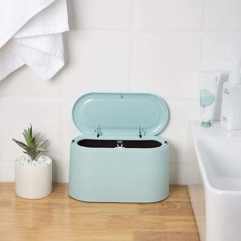 Mini Countertop Trash Can Press Cartridge Cover Trash Can Makeup Holder Vanity Bathroom Kitchen Car Office Desk (Light Blue) SOEKAVIA - Image 3