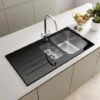 Sauber Kitchen Sink 1.5 Bowl LH Drainer Black Glass Stainless Steel Inset Waste