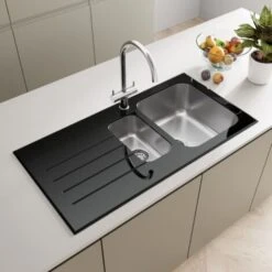 Sauber Kitchen Sink 1.5 Bowl LH Drainer Black Glass Stainless Steel Inset Waste