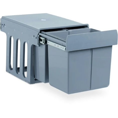 Relaxdays Built-In Kitchen Bin, 3-Compartment Waste Separation System, 15 & 8 L, Plastic, HWD 35x34x48cm, Grey