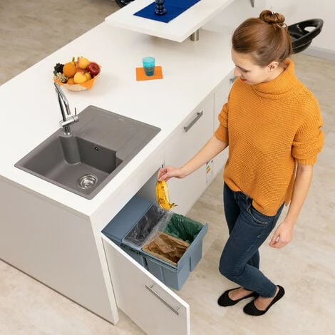 Relaxdays Built-In Kitchen Bin, 3-Compartment Waste Separation System, 15 & 8 L, Plastic, HWD 35x34x48cm, Grey - Image 2