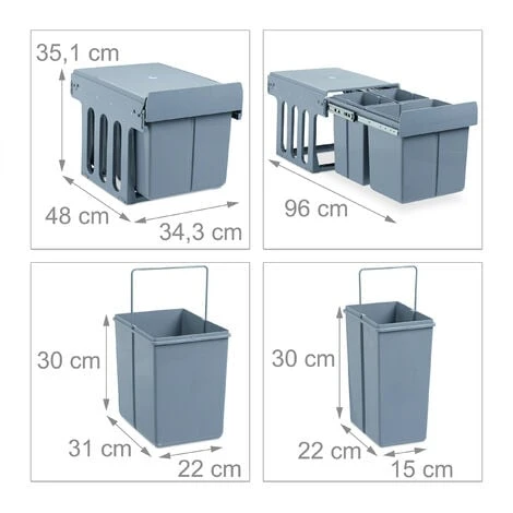 Relaxdays Built-In Kitchen Bin, 3-Compartment Waste Separation System, 15 & 8 L, Plastic, HWD 35x34x48cm, Grey - Image 4