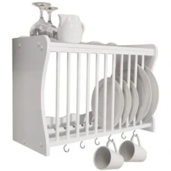 CHESHUNT - Wall Mounted Kitchen Plate Cup / Storage Rack With Hooks - White