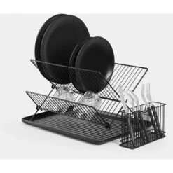 VonShef Dish Drainer Rack – Foldable Space Saving Design With Drip Tray And Cutlery Holder- Matt Black