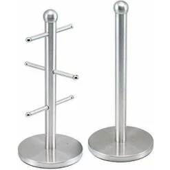 Chrome Matching 6 Cup Mug Tree Save Space Drying Rack And Kitchen Paper Towel Tissue Roll Holder Set Non-Slip Rust-Proof Upright Stainless Steel