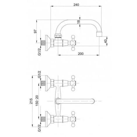 Chromed Brass Wall Mounted Mixer Faucet 20cm C-type Spout Tap With Retro Heads - Image 2