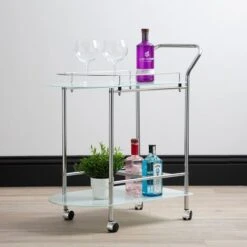 2 Tier Tea Wine Drinks Trolley On Wheels, 80cm Metal Mini Bar Cart With Tempered Glass Shelves