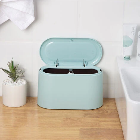 Portable Trash Can Desk Bin With Lid, Mini Press-Type Trash Can Table Desktop Dustbin For Home Living Room Kitchen Bedroom Bathroom Office Dust Bin (Blue) - Image 3