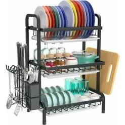 Dish Drainers Rack With Drip Tray, 3 Tier Large Dish Drying Rack With Draining Board And Cutlery /Chopping Board Holder Over Sink, Dish Dryer Rack For Plate/Utensil On Kitchen Countertop (3-tier)