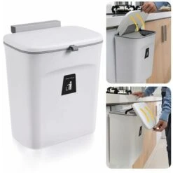 Hanging Kitchen Bin With Lid, Cupboard Bins For Kitchen Cabinet Door, Trash Can Waste Bins Under Sink Counter Top, Trash Bin For Bedroom Bathroom Office Motorhome 9L (White)