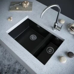 Sauber Kitchen Sink 1.5 Bowl 670x440mm Black Composite Undermount Inset Waste