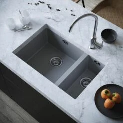 Sauber Kitchen Sink 1.5 Bowl 670x440mm Grey Composite Undermount Inset Waste