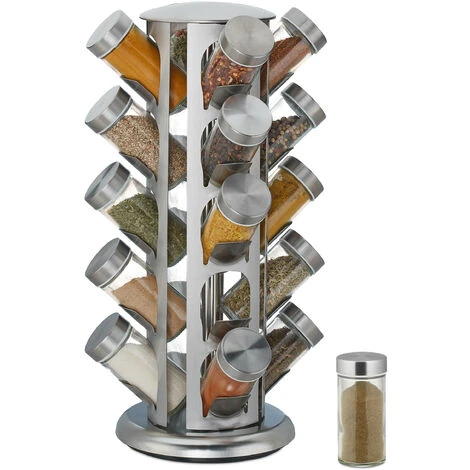 Relaxdays Spice Rack, 20 Glass Jars, Rotatable, Stainless Steel, H X D: Approx. 34 X 22 Cm, Silver