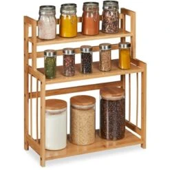 Relaxdays Spice Rack Bamboo, Adjustable, Kitchen Organiser, Space-Saving, 3 Shelves, HxWxD: 50 X 41.5 X 18 Cm, Natural