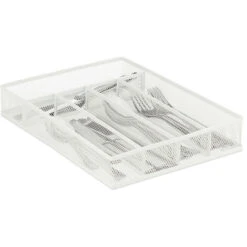Relaxdays Metal Cutlery Tray, 5 Compartments, Mesh Design, 5.5 X 23.5 X 32 Cm, Kitchen Drawer Insert, Organiser, White