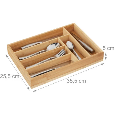 Relaxdays Cutlery Tray, 6 Compartments, Bamboo, HxWxD: 5 X 25.5 X 35.5 Cm, Kitchen Drawer Insert, For Utensils, Natural - Image 2