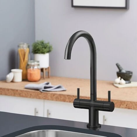 SIA KT3BL Black Swan Neck Twin Lever Contemporary Monobloc Kitchen Mixer Tap - Image 2