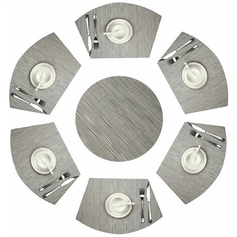 Round Placemats Set Of 7 PVC Table Mat Wedge Set Table Heat Resistant Washable (Silver Grey)