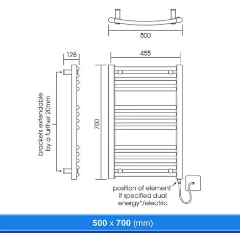 500 X 700mm Curved Chrome Heated Towel Rail Ladder Radiator - Image 2