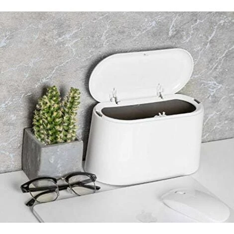 Table Trash Can With Lid, Mini Table Trash Can, Bathroom Cosmetic Trash Can Table Trash Can For Kitchen Bathroom Office Desk Toilet Car Bed Smell Proof Small Plastic 1.5L (White)