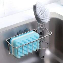 Sink Sponge Holder - Kitchen Sink Sponge Holder, 2 In 1 Brush Holder, SUS 304 Stainless Steel Waterproof Sponge Holder, No Drilling With 2 Adhesives