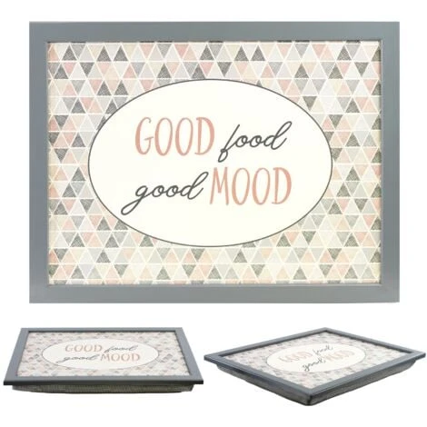 Large Wooden Soft Padded Cushioned Bean Bag Lap Dinner Laptop Food TV Tray (Good Food Good Mood)