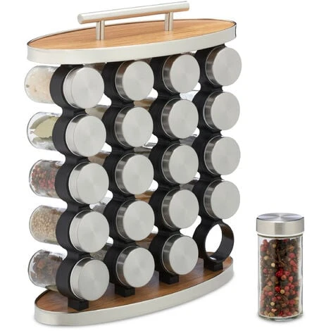 Relaxdays Spice Rack, 20 Glass Jars, Stainless Steel, H X W X D: 35 X 28 X 12 Cm, Silver/Natural