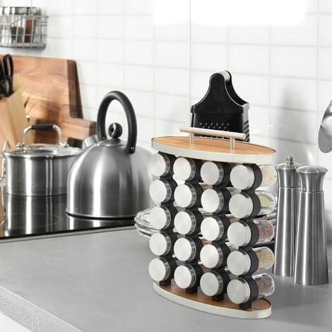 Relaxdays Spice Rack, 20 Glass Jars, Stainless Steel, H X W X D: 35 X 28 X 12 Cm, Silver/Natural - Image 2