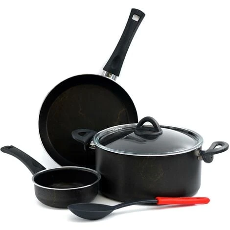 Black Cooking Set 5pc Non-Stick Pots Pans Cookware Gas Halogen Electric Cookers