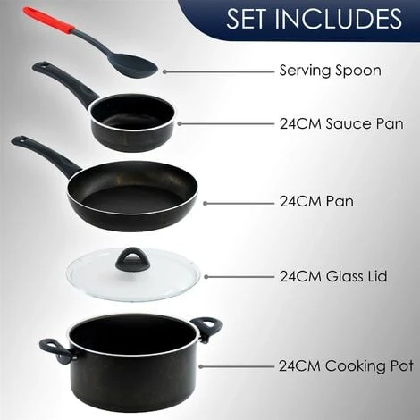 Black Cooking Set 5pc Non-Stick Pots Pans Cookware Gas Halogen Electric Cookers - Image 2