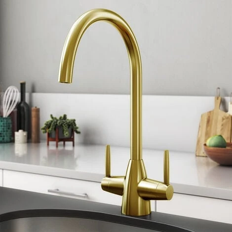 Brushed Gold Kitchen Sink Dual Lever Mixer Traditional Mixer