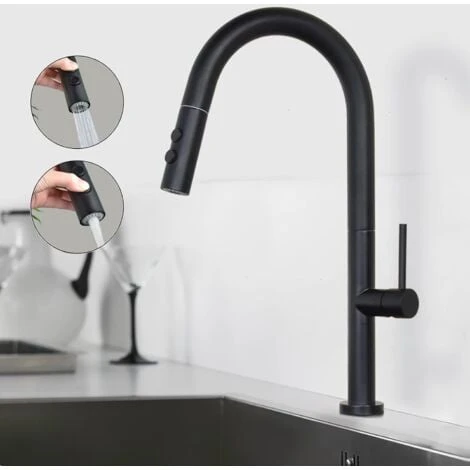 SHANFO Black Kitchen Faucet, Kitchen Mixer Tap With Pull Out Shower, 360° Rotatable Sink Mixer Tap With 2 Spray Modes Single Lever Modern Kitchen Faucet KB01E