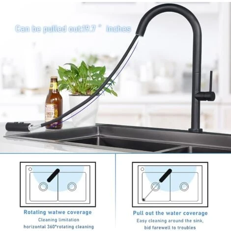 SHANFO Black Kitchen Faucet, Kitchen Mixer Tap With Pull Out Shower, 360° Rotatable Sink Mixer Tap With 2 Spray Modes Single Lever Modern Kitchen Faucet KB01E - Image 2