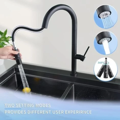 SHANFO Black Kitchen Faucet, Kitchen Mixer Tap With Pull Out Shower, 360° Rotatable Sink Mixer Tap With 2 Spray Modes Single Lever Modern Kitchen Faucet KB01E - Image 4