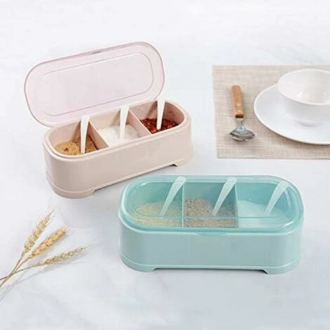 Spice Jars 3 Compartment Kitchen Seasoning Storage Box With Lid Used To Store Pepper And Salt 21 7 9.5cm Blue 1 Pcs - Image 4