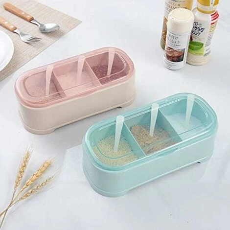 Spice Jars 3 Compartment Kitchen Seasoning Storage Box With Lid Used To Store Pepper And Salt 21 7 9.5cm Blue 1 Pcs - Image 5