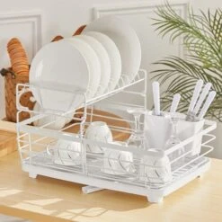 Livingandhome 2-Tier Metal Dish Rack With Utensil Holder Dish Drainer