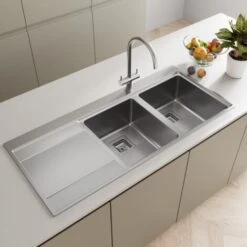 Kitchen Sink 2 Bowl Square Inset Stainless Steel Left Hand LH Drainer Overflow