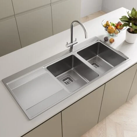 Kitchen Sink 2 Bowl Square Inset Stainless Steel Left Hand LH Drainer Overflow