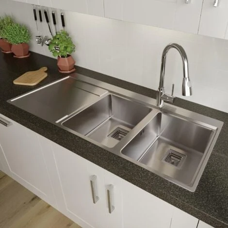 Kitchen Sink 2 Bowl Square Inset Stainless Steel Left Hand LH Drainer Overflow - Image 2